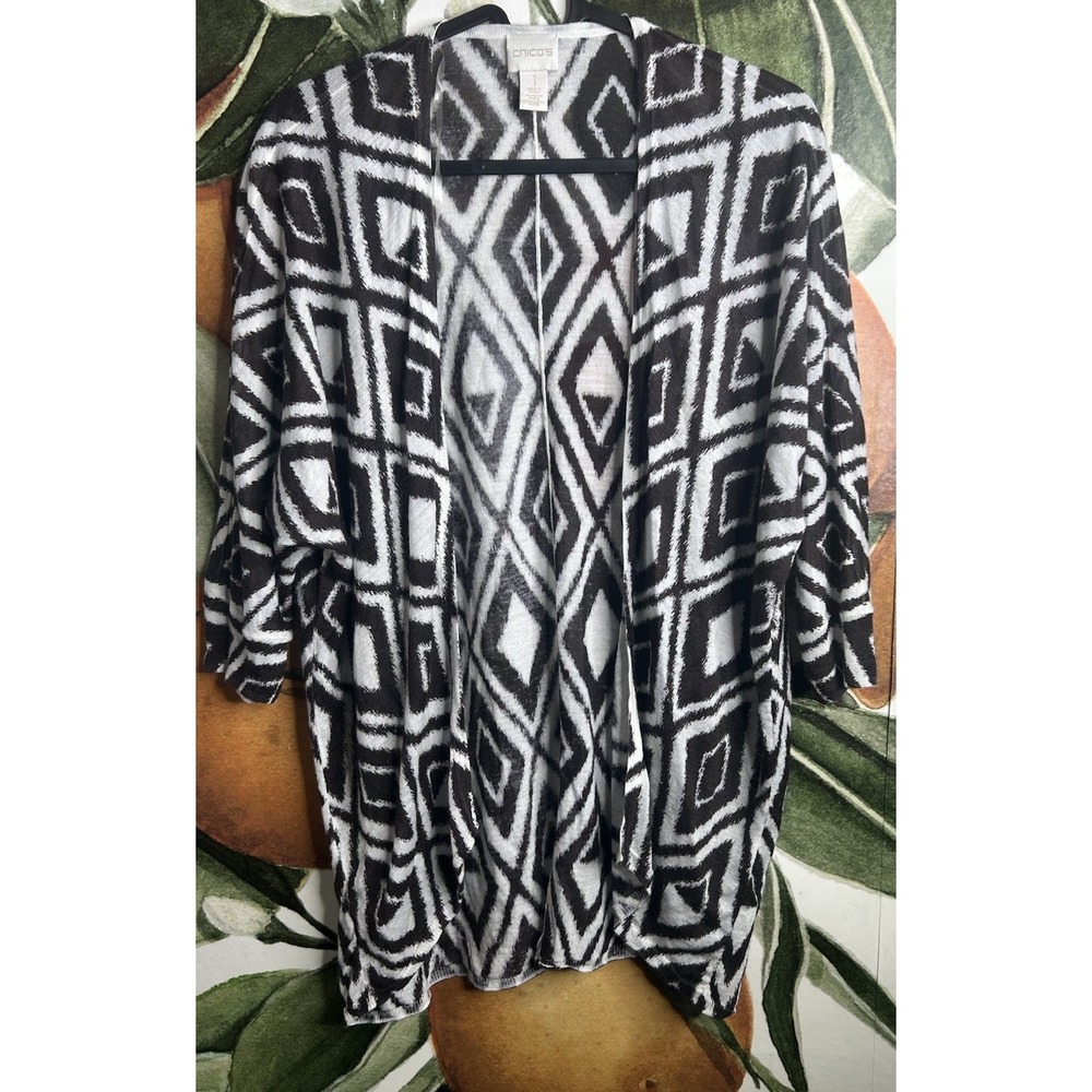 Chico's Medium Brown Ikat‎ Print Cardigan Dolman Sleeve Ramie Boho Lightweight